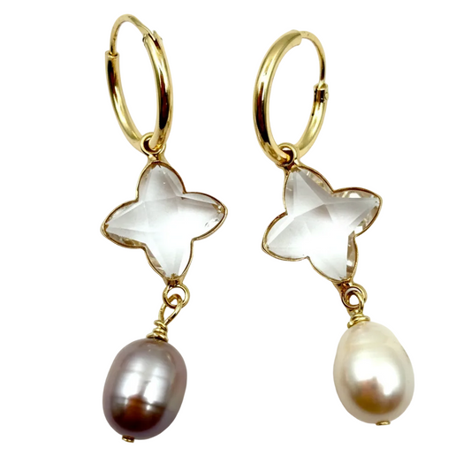 14k gold-plated star and pearl hoop earrings on white background
