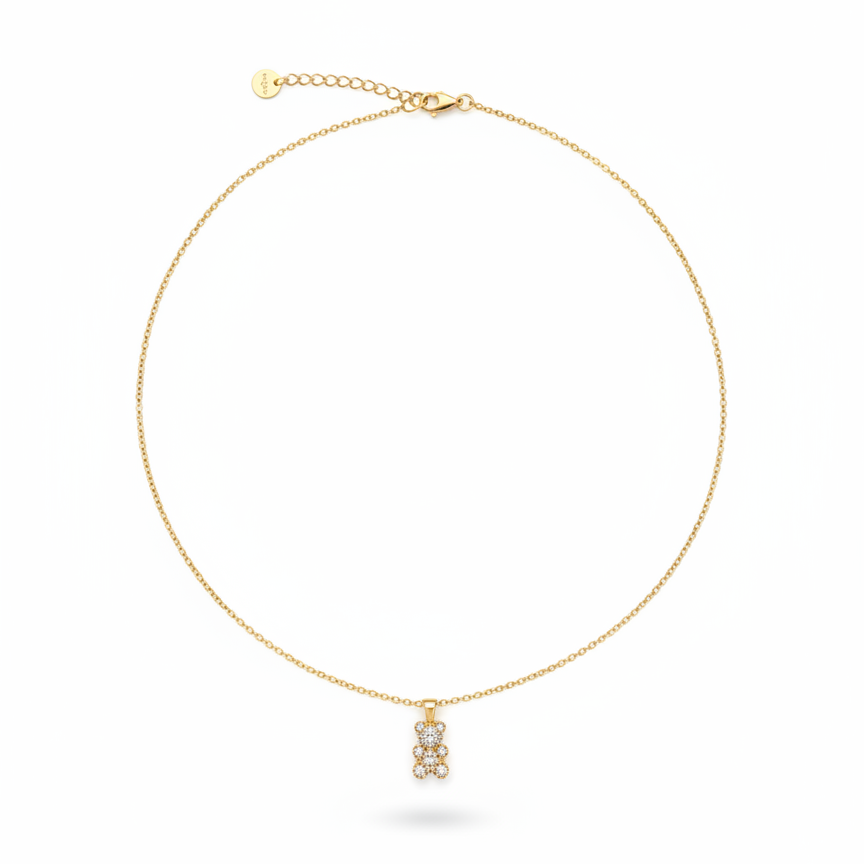 14K gold-plated necklace with a teddy bear pendant encrusted in white zirconia stones, 44cm chain with lobster clasp. fugugemz