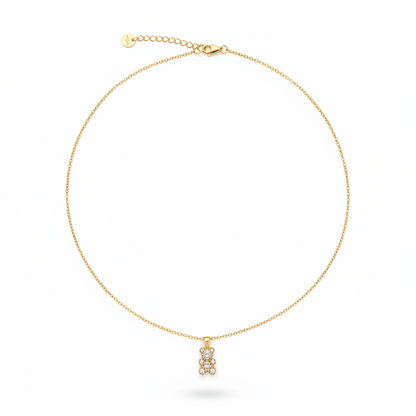 14K gold-plated necklace with a teddy bear pendant encrusted in white zirconia stones, 44cm chain with lobster clasp. fugugemz