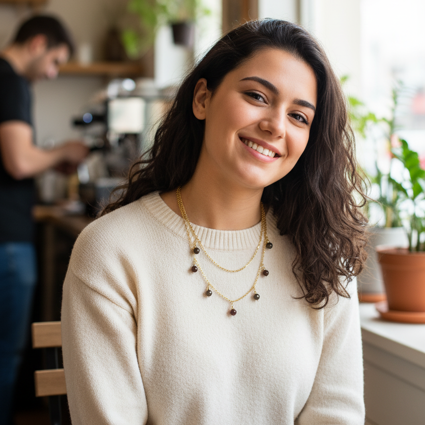 Woman wearing gold necklace with dragon blood stone beads. Fuguemz