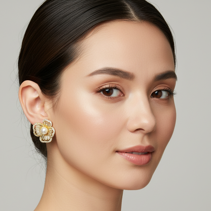 Woman wearing a gold and pearl earring against a neutral background