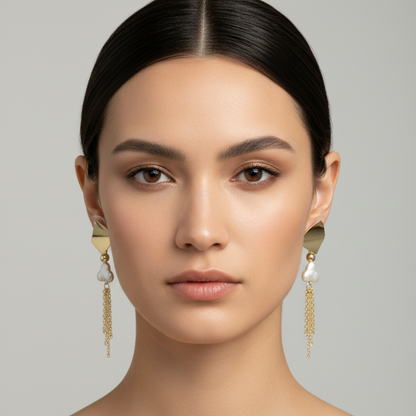 Woman wearing gold dangle earrings with cloverleaf pearl and gold tassel