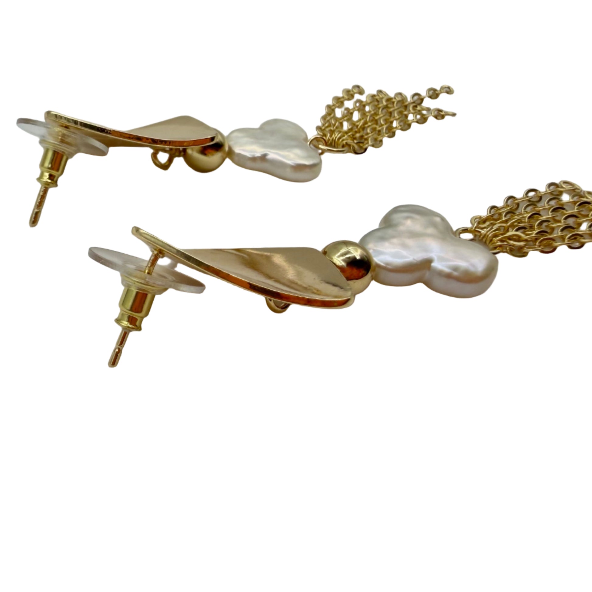 Close-up of the earring post and chain, highlighting the 14K gold-plated finding.