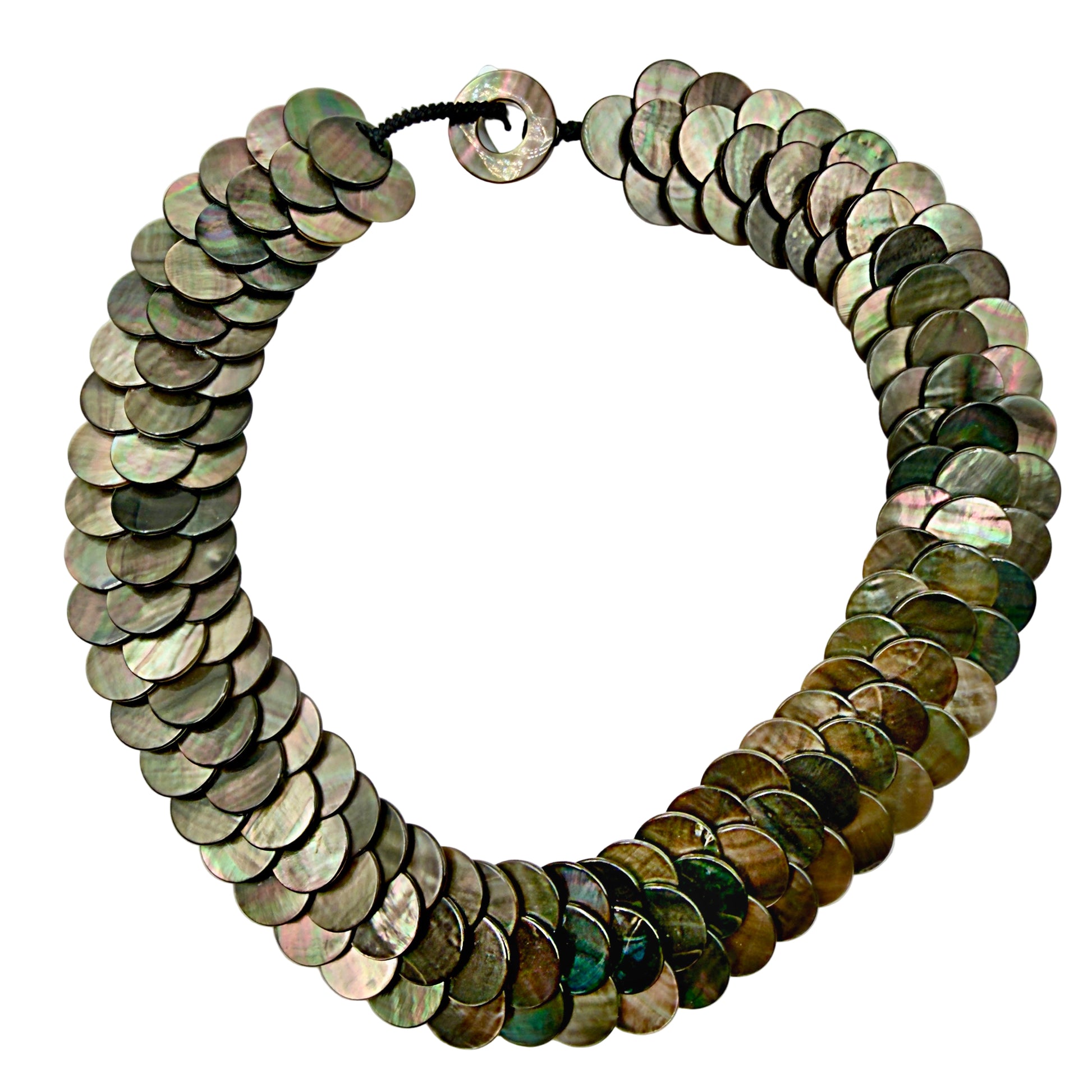 45cm abalone shell disc necklace on white background
