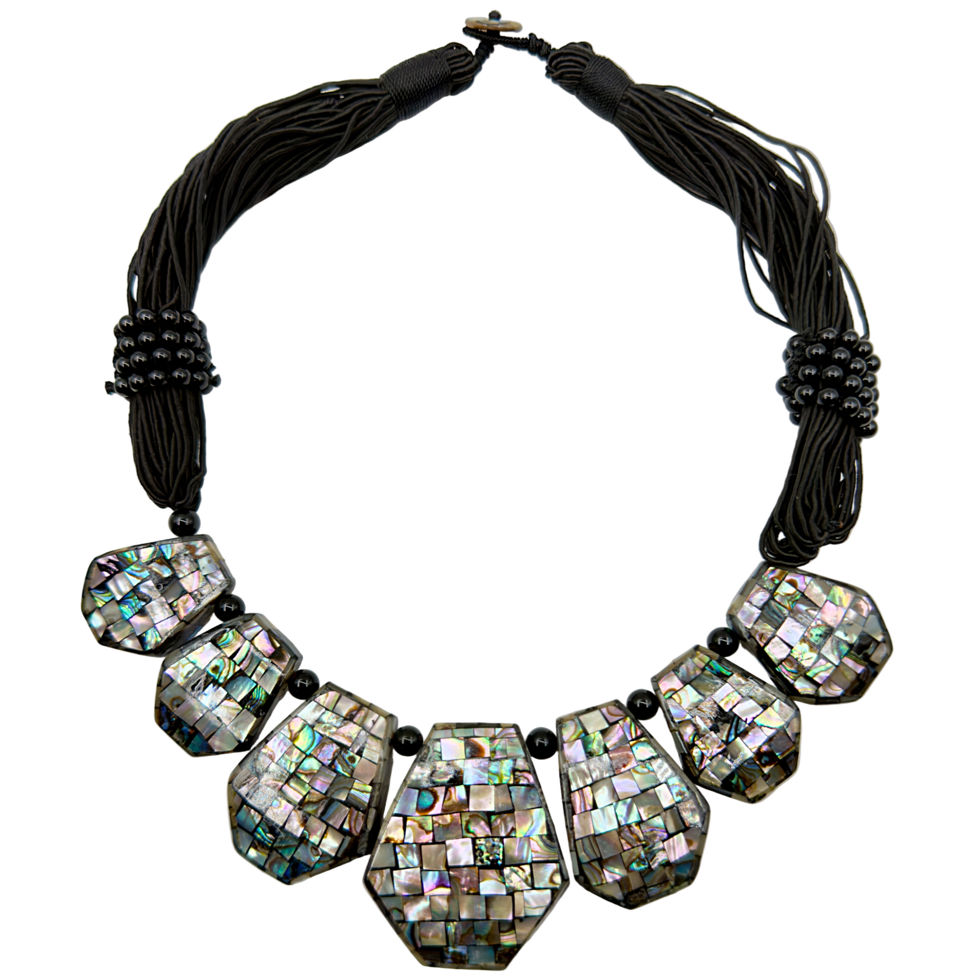 Large abalone shell pendant necklace on a 50cm matinee chain, showing the iridescent colors.