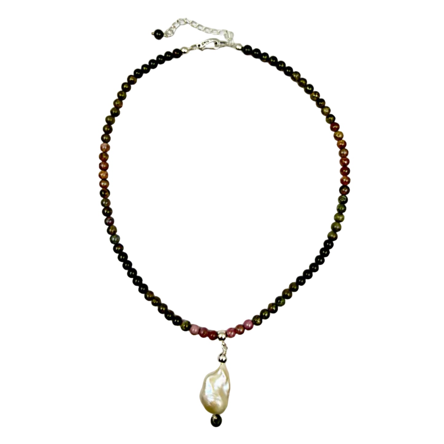 Tourmaline and baroque pearl necklace in 925 sterling silver on white background