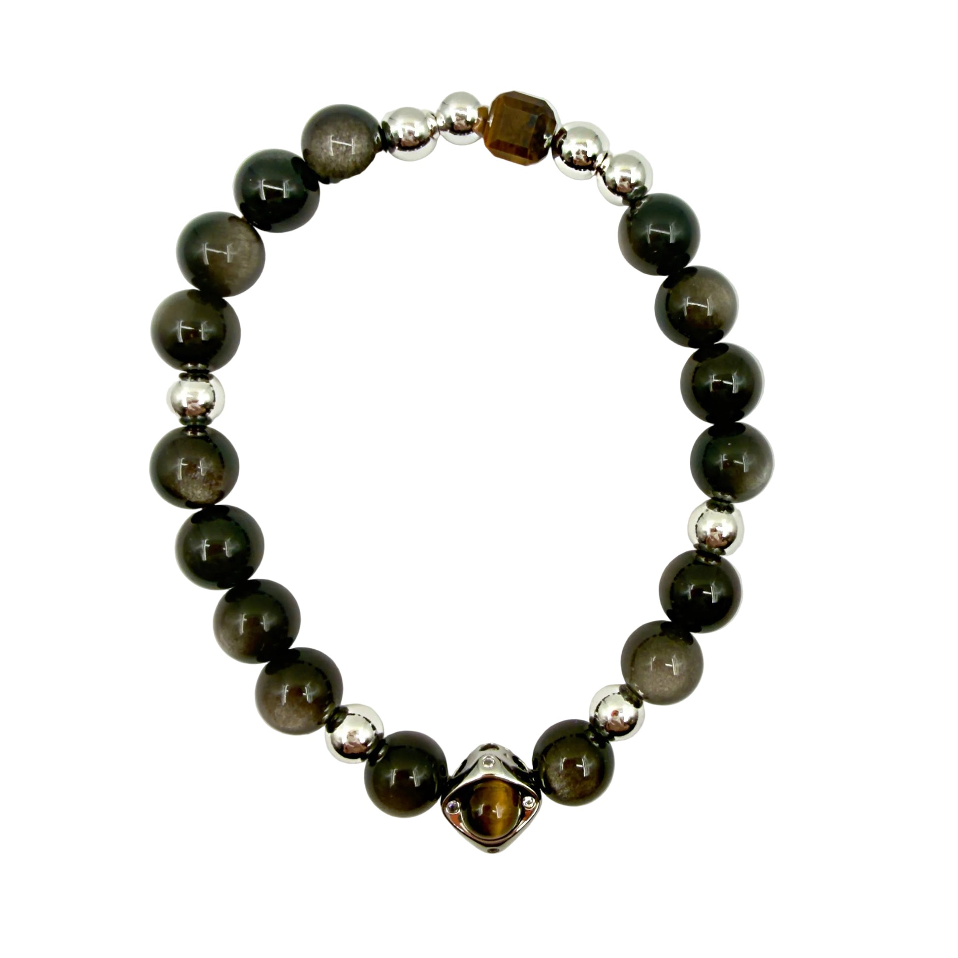 Silver-plated obsidian and tiger eye beaded bracelet on white background
