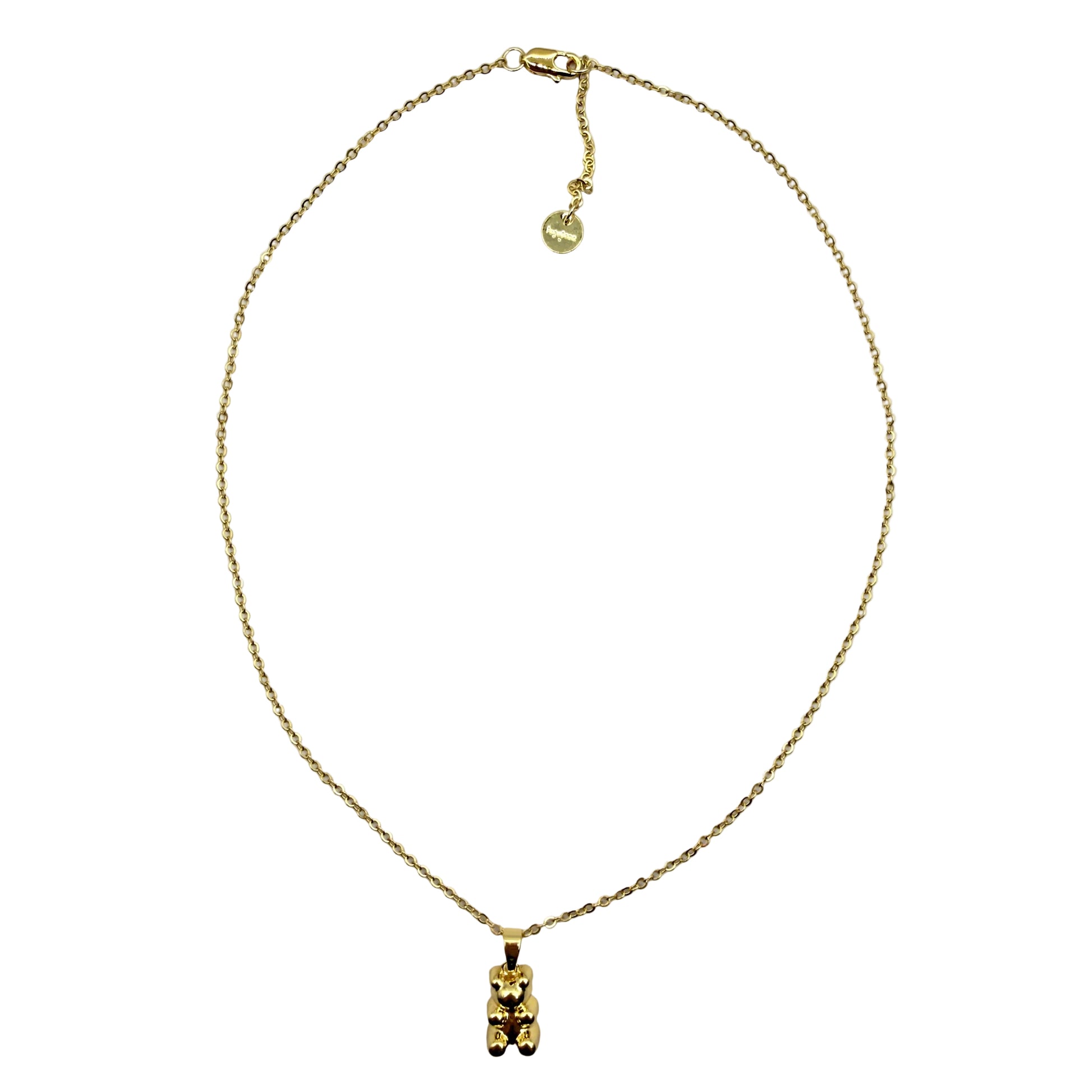 14k gold-plated teddy bear necklace on white background