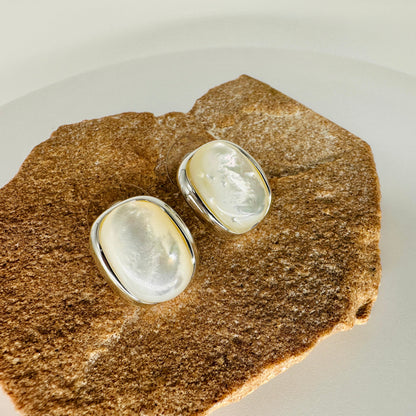 Square mother of pearl stud earring with 16mm MOP in silver-tone setting and 925 sterling silver post