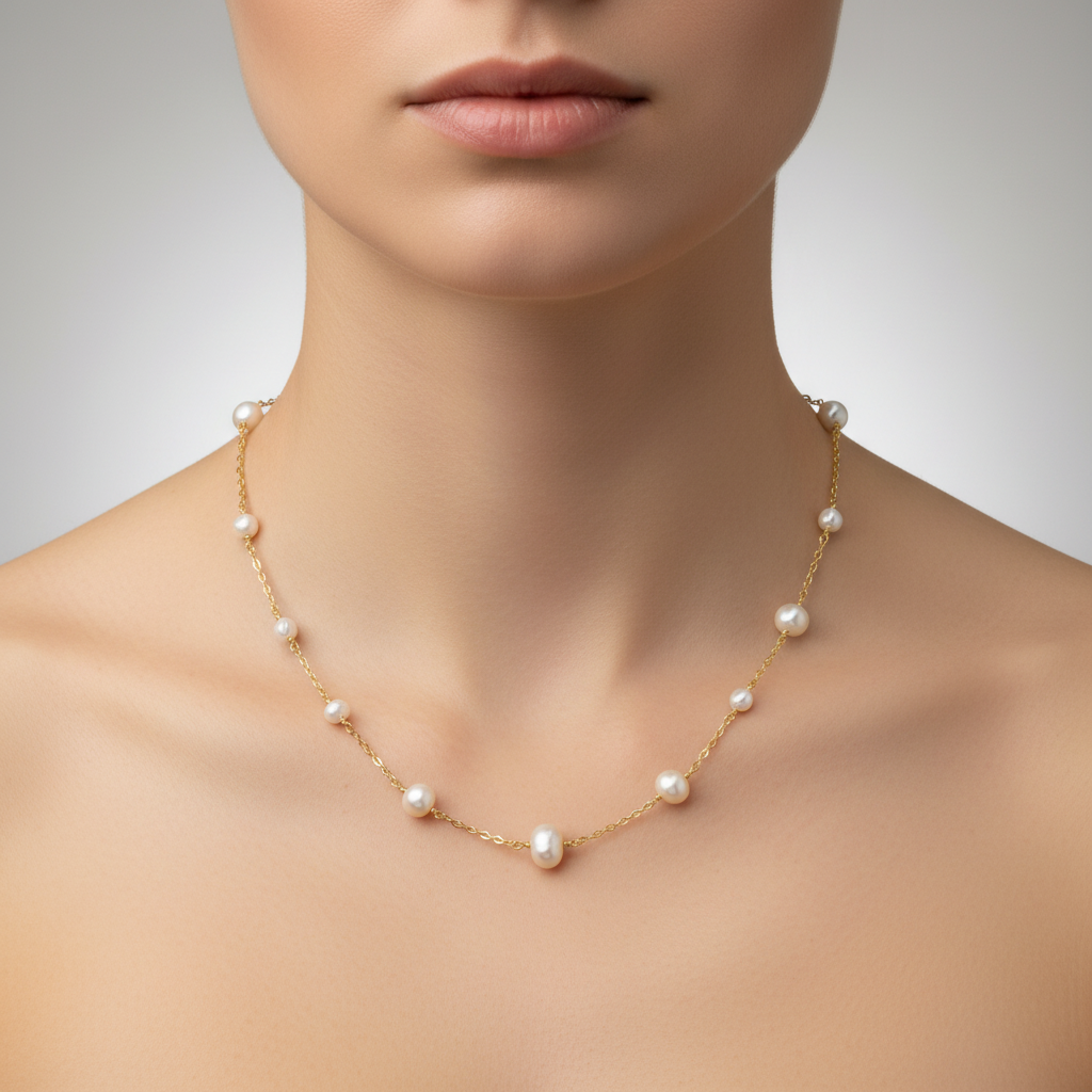 Pearl necklace on a mannequin with a neutral background