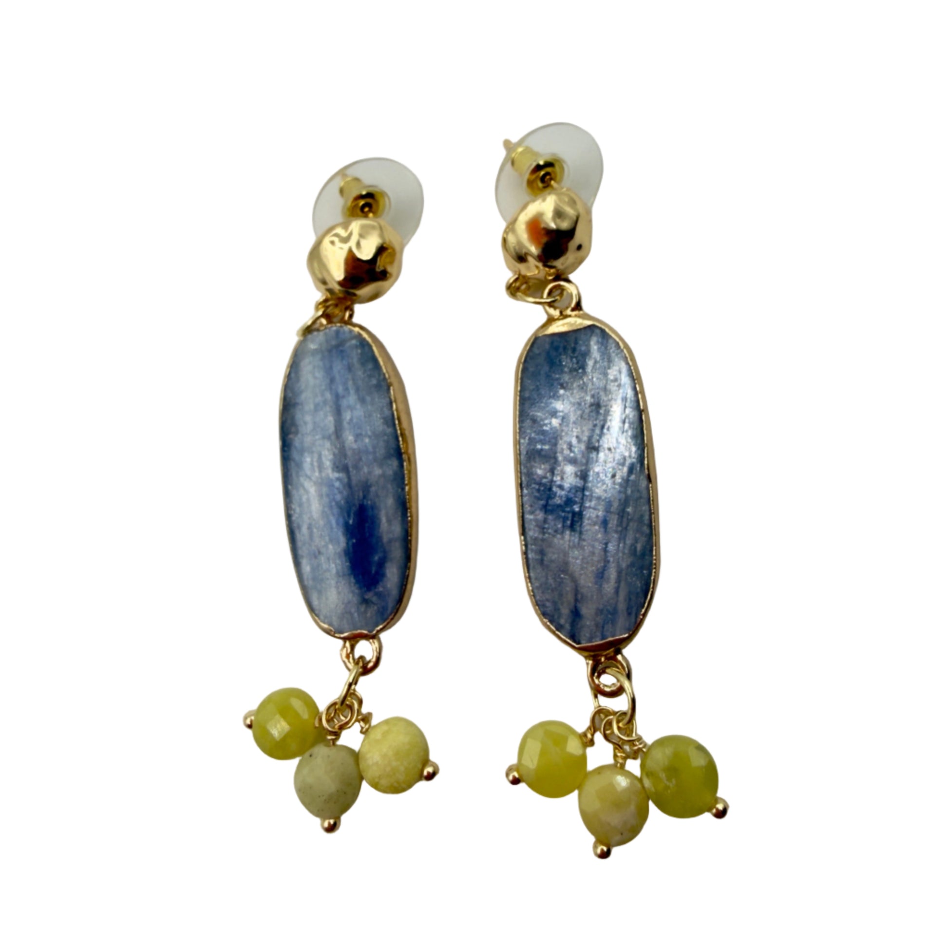A pair of 60mm 14K gold-plated dangle earrings with a large blue kyanite lozenge and lemon quartz beads.