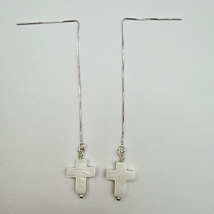 Sterling Silver Dangle Earrings with Pearl Cross