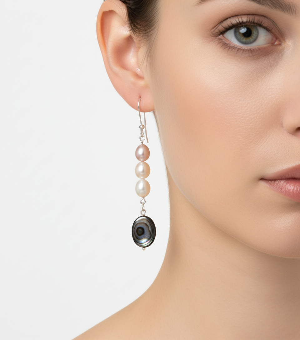 Pearl earring worn by a model on a plain background