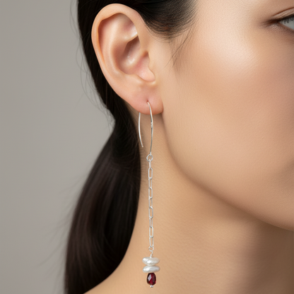Large 925 Silver Hook Earrings – 50mm Chain with Baroque Pearl & Red Garnet