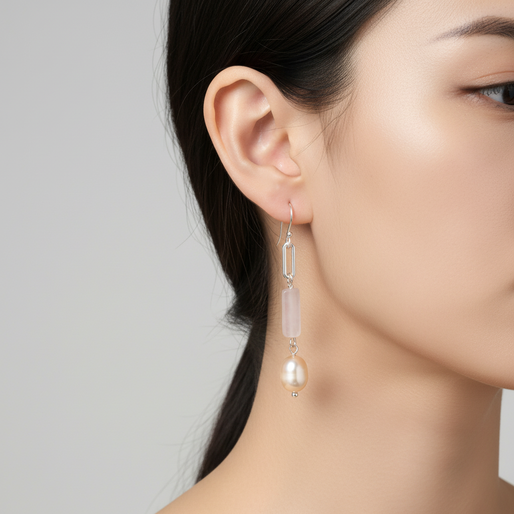 Earring worn by a model on a plain background