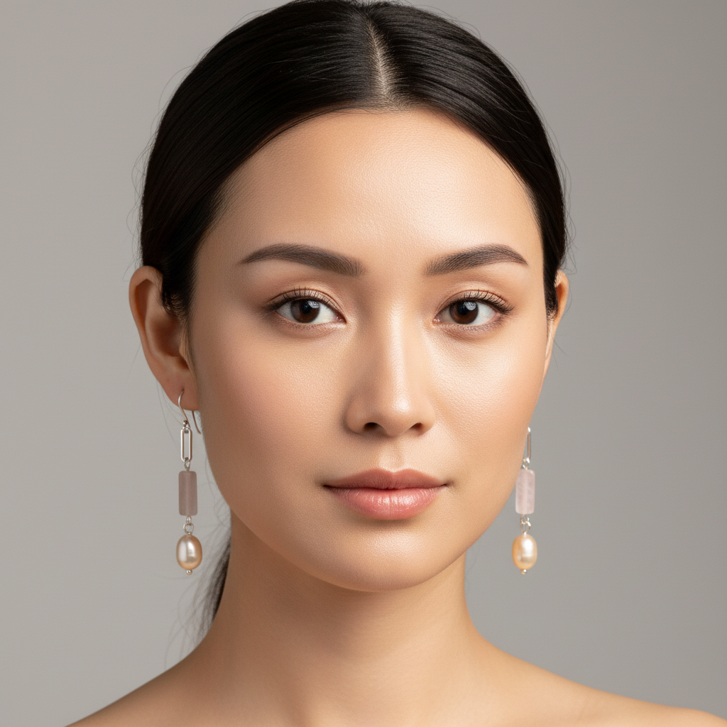 Woman wearing pearl earrings against a neutral background