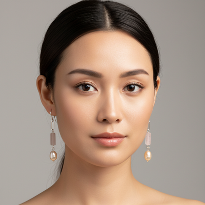 Woman wearing pearl earrings against a neutral background