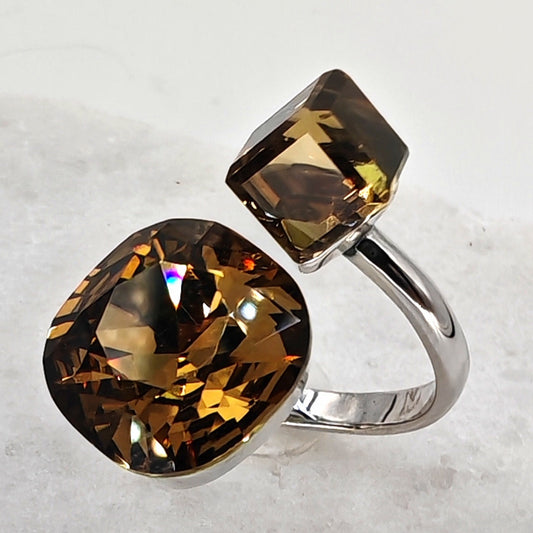 Double Austrian crystal ring with smoky brown stones, silver-plated brass