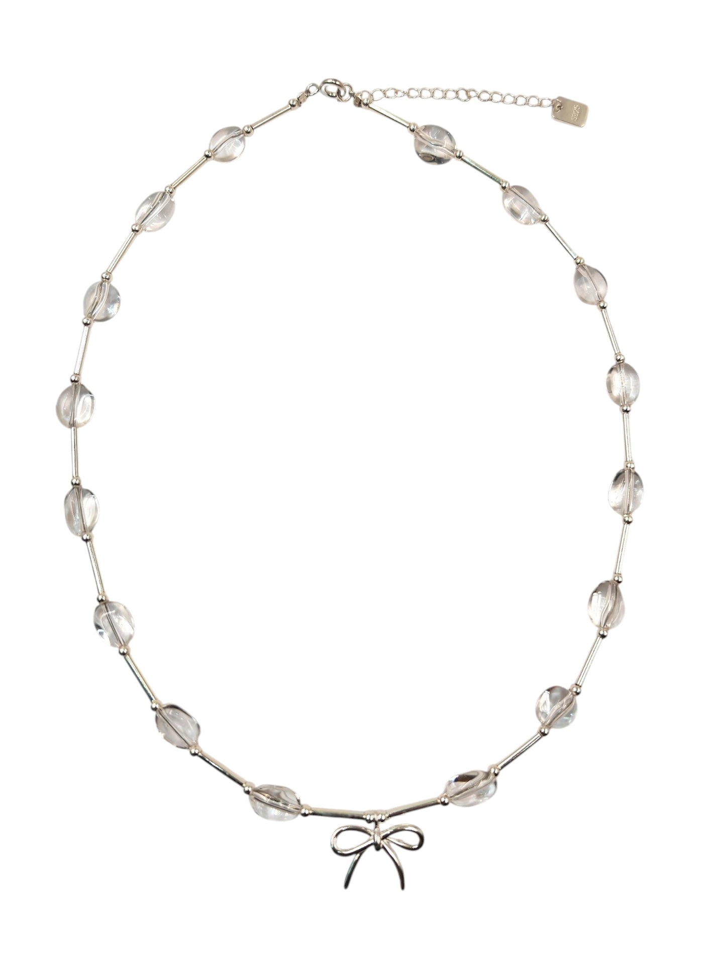 42cm 925 sterling silver necklace with 16 white quartz beads and bow accent