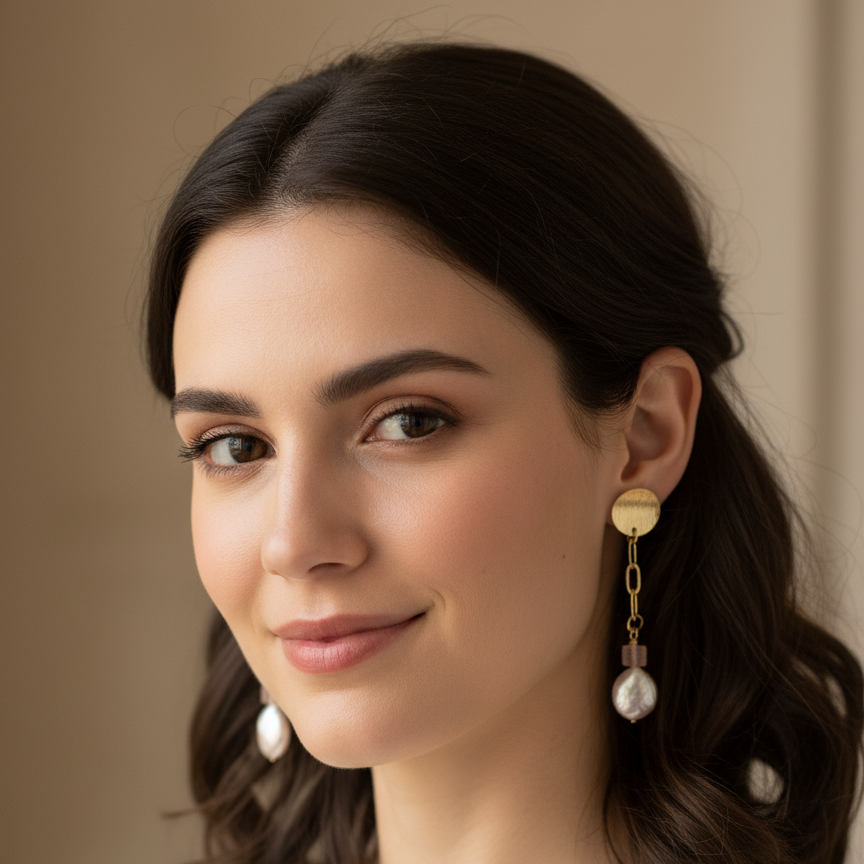 Woman wearing gold, pink, and pearl earrings on ears
