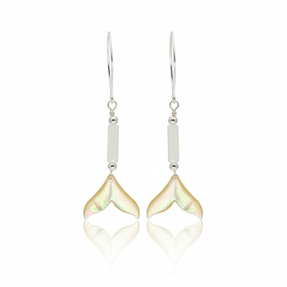 Whale tail shell dangle earring with natural carving and 925 sterling silver marquise V-wire