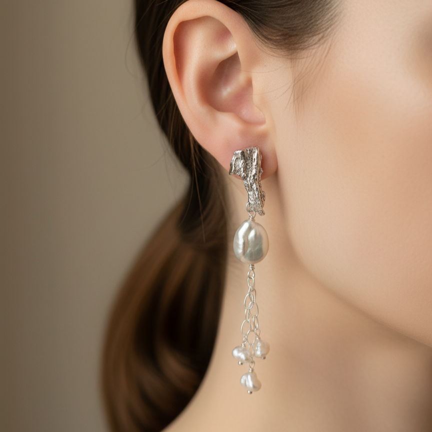Woman wearing platinum and pearl earrings on ears

