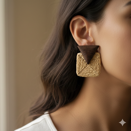 Close-up of a person wearing a textured square earring with a blurred background