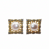 Brass earrings with silver needle, square lattice design, inlaid zirconia, and 7.5mm pearl
