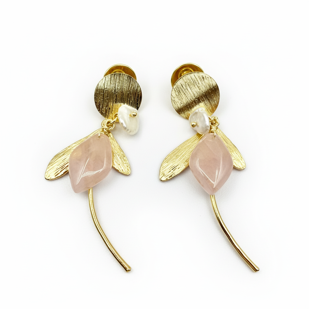 14k gold-plated leaf earrings with rose quartz and pearl dangle on white background
