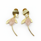 14k gold-plated leaf earrings with rose quartz and pearl dangle on white background