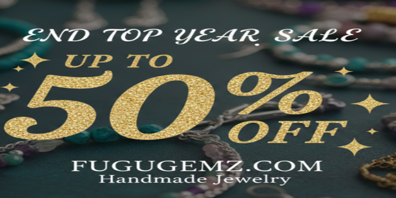 Promotional banner for End Top Year Sale with jewelry and gold text on a dark background.