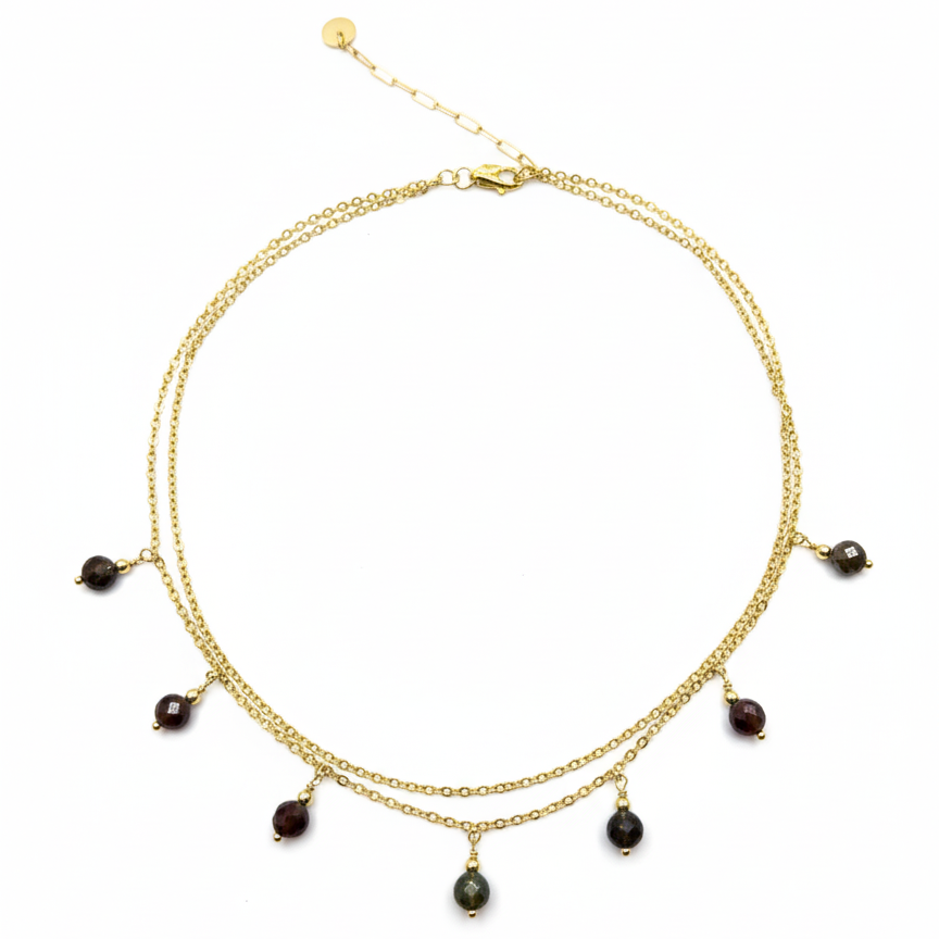 14k gold-plated double-chain necklace with 7x6.6mm dragon blood stone beads on white background