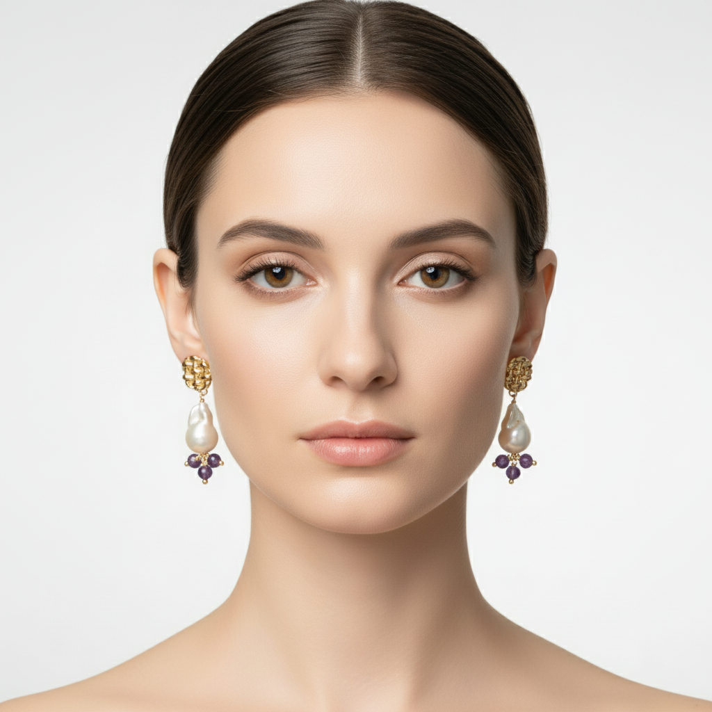 Image showing the full drop length of the baroque pearl and amethyst dangle earring.