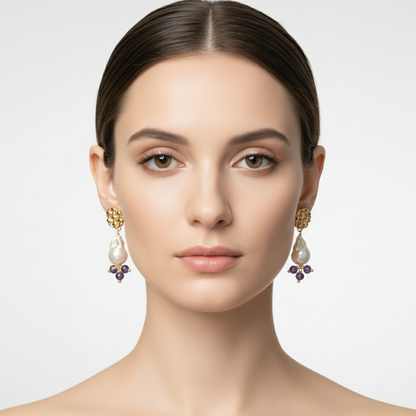 Image showing the full drop length of the baroque pearl and amethyst dangle earring.