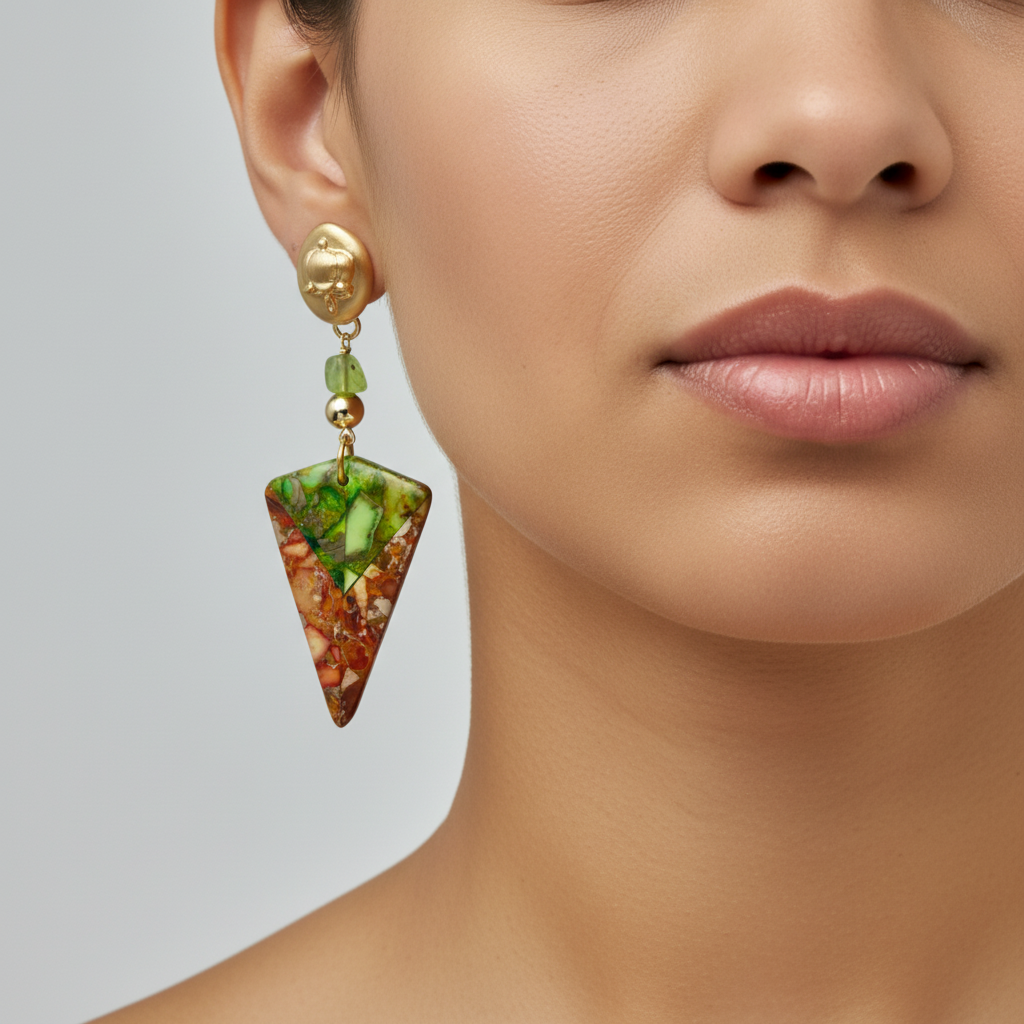 Image showing the dramatic 76mm drop of the jasper and gold-plated statement earring.