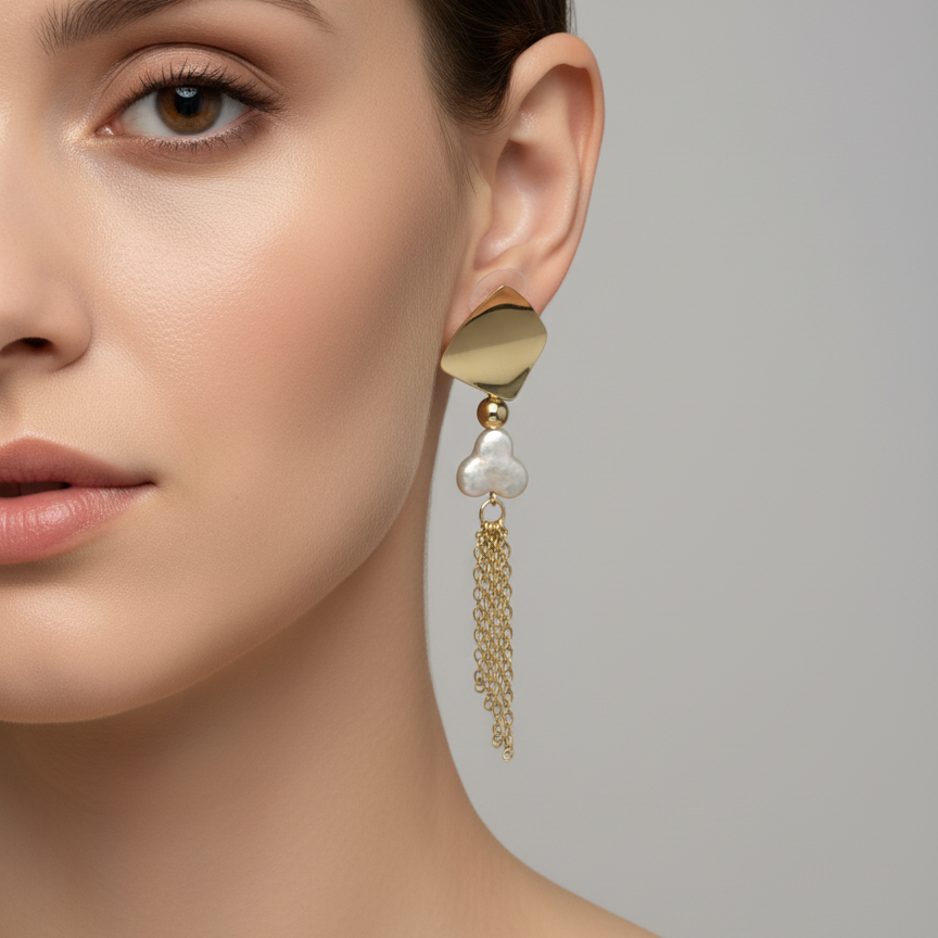Woman wearing gold dangle earrings with cloverleaf pearl and gold tassel