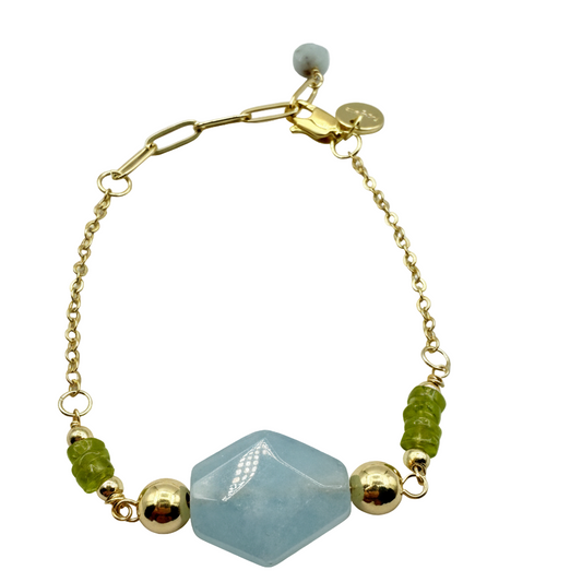14k gold-plated adjustable bracelet with aquamarine pendant and olive quartz beads on white background
