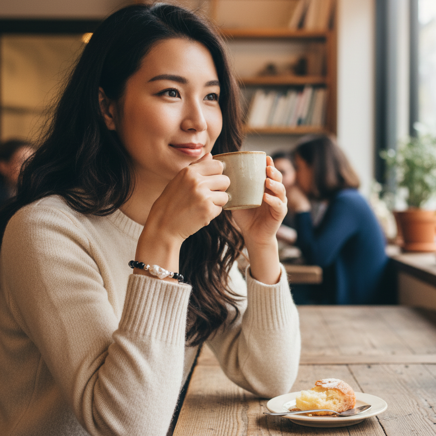 Woman holding a mug in a cozy cafe setting