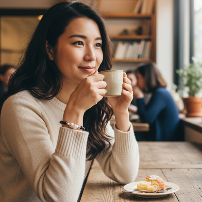 Woman holding a mug in a cozy cafe setting