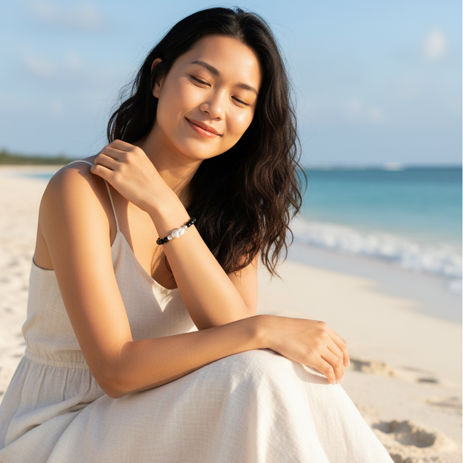 Close-up of the bracelet, highlighting the 6A grade obsidian beads and the large 18mm baroque pearl.