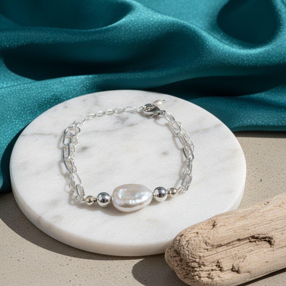 A silver-plated adjustable bracelet with a large, white baroque pearl pendant.