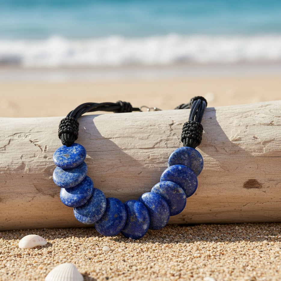 Blue beaded bracelet on a wooden log with a beach background