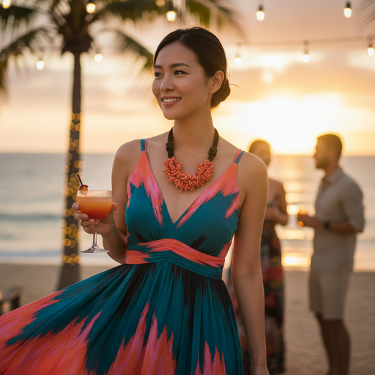 Woman in a colorful dress holding a cocktail on a beach at sunset