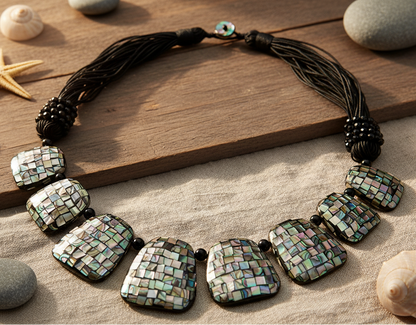 50cm large abalone shell necklace with mosaic pendant on background
