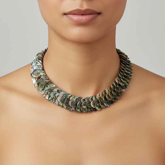 Woman wearing abalone shell disc necklace with patterned dress
