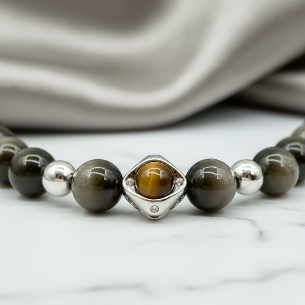Necklace with brown and silver beads on a marble surface