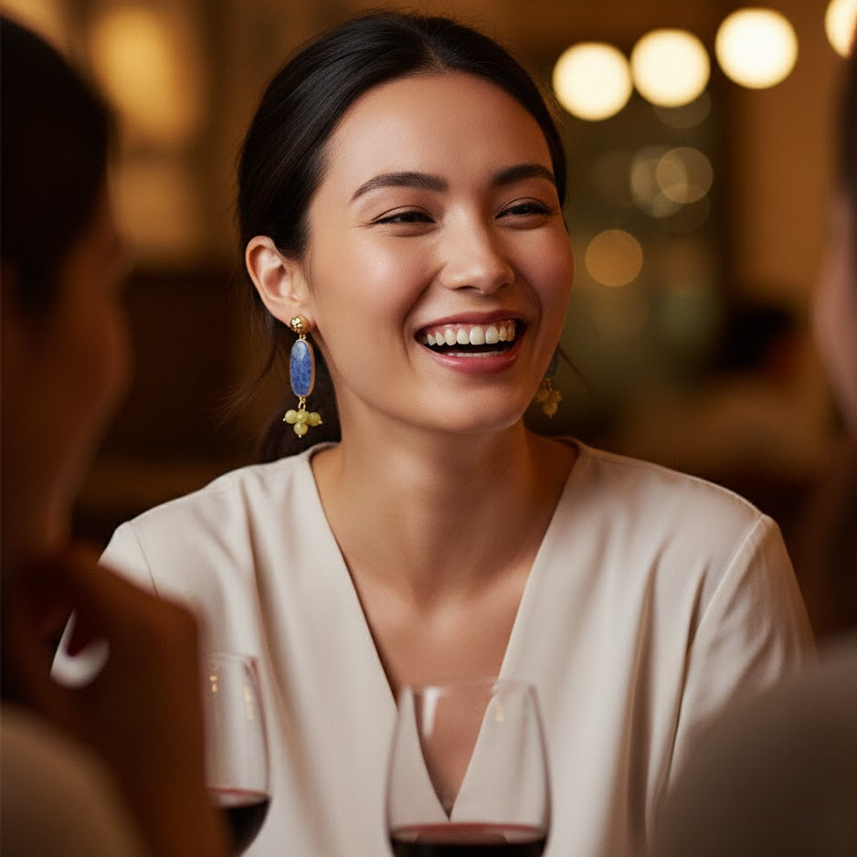 Full view of the kyanite and lemon quartz earrings, showing the 60mm drop length.