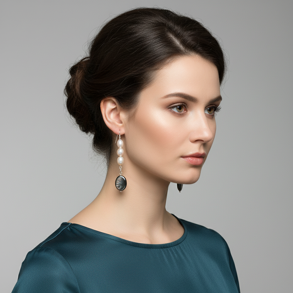 Woman wearing pearl earrings against a gray background