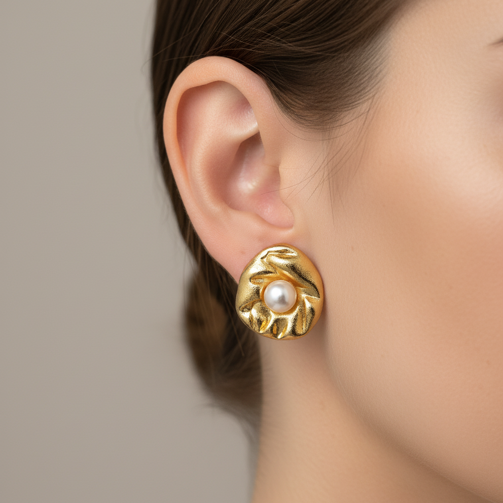 Gold earring with a pearl on an ear against a neutral background