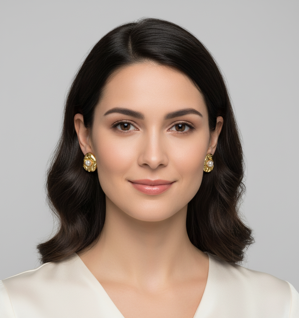Woman wearing gold earrings against a gray background